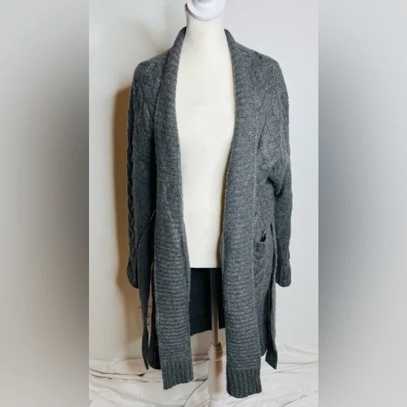 Apricot long shawl cable-knit cardigan with a waist tie. - Picture 2 of 8